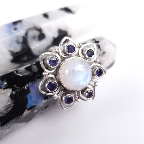 925 Sterling Silver Rainbow Moonstone and Iolite Flower Ring Size 7.5 - Picture 13 of 16